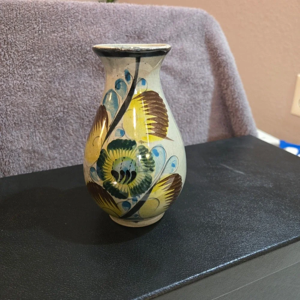 Vintage Tonala Mexican Pottery Bud Vase Hand Painted Floral Folk Art Stoneware